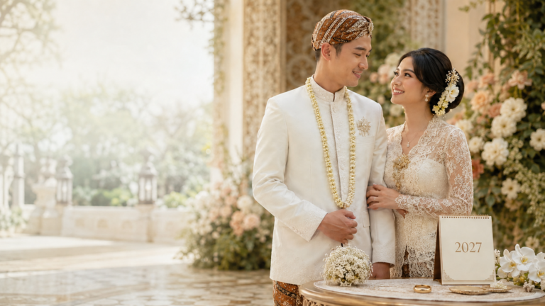 Pasangan pengantin Jawa dengan kalender tanggal cantik nikah 2026 dan 2027 di Semarang